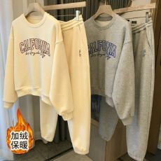 批发加绒加厚休闲运动套装女秋<b class='q'>冬</b>季新款时尚宽松印花卫衣两件套