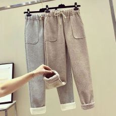 批发毛呢<b class='q'>休闲</b>裤女冬羊羔绒高腰直筒九分萝卜裤小脚哈伦裤子