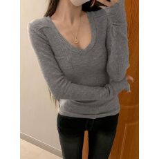 批发纯欲风V领正肩<b class='q'>长袖</b><b class='q'>t</b><b class='q'>恤</b>女秋冬新款小众设计感修身