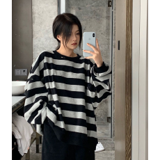 批发条纹卫衣女宽松休闲慵懒风秋季<b class='q'>胖</b><b class='q'>MM</b><b class='q'>套头</b>无帽上衣