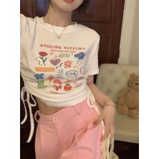 批发40支纯棉220克螺纹 夏季甜辣风抽绳印花短袖T恤女抽绳短款上衣