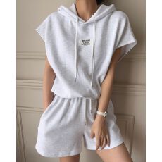 批发韩版简约气质字母贴布抽绳连帽卫衣女<b class='q'>夏</b>季新款高腰休闲短裤套装