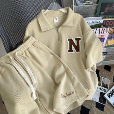 批发原版华夫格<b class='q'>运动</b>套装女<b class='q'>宽松</b>短袖韩版潮流短裤休闲两件套