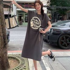 批发仿棉<b class='q'>牛奶</b><b class='q'>丝</b> ins风夏季印花直筒裙百搭短袖<b class='q'>连衣裙</b>飞飞袖