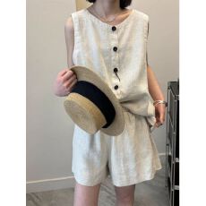批发2026新款亚麻套装<b class='q'>女</b>夏季高端无袖马甲背心上衣休闲<b class='q'>短裤</b>棉麻两件套