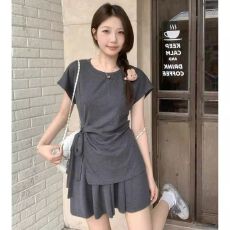 批发大码微胖mm夏简约休闲设计感绑带短袖时尚气质宽松<b class='q'>短裤</b>炸街套装<b class='q'>女</b>