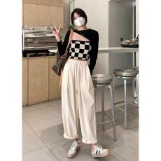 批发卡其色工装裤女夏梨形身材薄款松紧腰阔腿裤子九分休闲萝卜<b class='q'>哈伦裤</b>