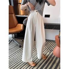 批发米白色水洗棉高腰休闲阔腿裤女春夏小个子宽松垂感<b class='q'>九分</b>直筒西装裤