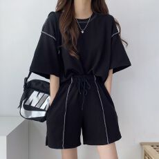 批发6535棉复古袖短裤两件套<b class='q'>大码</b>纯色夏季时尚休闲<b class='q'>运动服</b>套装宽松