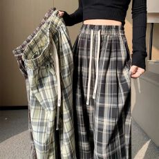 批发复古格子休闲裤女新款春装大码显瘦直筒阔腿长裤薄款