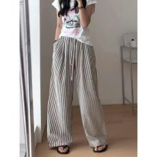 批发【原版布料】条纹冰丝阔腿裤<b class='q'>夏</b>季薄款百搭抽绳宽松直筒休闲裤女