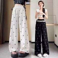 批发蕾丝拼接蝴蝶结系带阔腿裤女<b class='q'>夏</b>季薄款2025新款高腰垂感直筒休闲裤