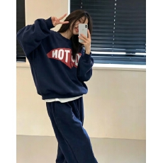 批发韩国加绒卫衣套装女冬季慵懒风宽松上衣束脚阔腿裤运动休闲两件套