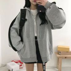 批发连帽<b class='q'>卫衣</b>开衫灰色薄款与加绒加厚拉链绣花拼接韩版宽松女<b class='q'>外套</b>