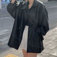 批发韩国帅气翻领单排扣皮衣外套女秋季新款宽松百搭仿皮夹克上衣