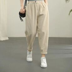 批发秋季复古斜纹<b class='q'>休闲裤</b>女纯色松紧腰显瘦<b class='q'>哈伦</b>裤九分裤子