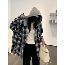 批发复古连帽<b class='q'>格子衬衫</b>女新款学院风秋宽松慵懒风小个子衬衣磨毛薄外套