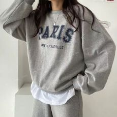 批发韩国加绒卫衣套装女冬季慵懒风宽松上衣束脚阔腿裤运动休闲两件套