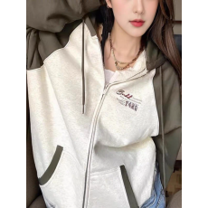 批发美式高街撞色棒球服拉链外套女设计感连帽开衫卫衣外搭