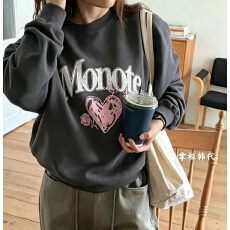 韩版薄款 加绒印花套头卫衣女慵懒风长袖上衣外套