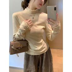 批发德绒蕾丝边半高领正肩长袖t恤女时尚设计感打底衫