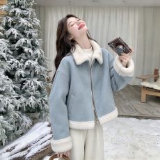 批发520克鹿皮绒复合羊驼绒 翻领<b class='q'>短</b><b class='q'>外套女</b>加绒加厚保暖夹克女秋冬