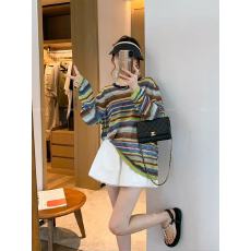 批发爱情魔鬼鱼 彩色条纹<b class='q'>圆领</b>长袖<b class='q'>T</b><b class='q'>恤</b>女2025夏季新款宽松休闲百搭上衣