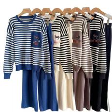 批发休闲套装女<b class='q'>夏</b>季韩系条纹宽松设计口袋刺绣针织卫衣高腰显瘦阔腿裤