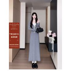 批发松本丧丧秋冬新款韩系简约长袖针织裙假两件气质掐腰显瘦连衣裙女