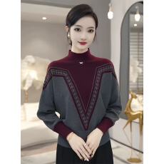 批发半高领羊毛针织衫女秋冬高级感洋气拼色上衣<b class='q'>宽松</b>显瘦内搭打底毛衣
