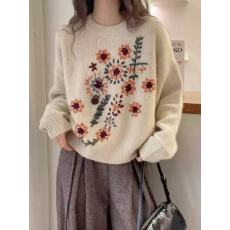 批发欧货时尚圆领<b class='q'>刺绣</b>长袖羊毛针织衫2025秋冬穿搭宽松慵懒保暖毛衣女