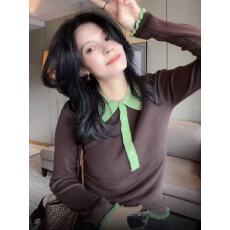 2025早秋新款时尚百搭翻领拼色针织衫女韩系设计感减龄上衣潮