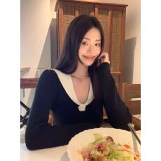 批发文然WENRAN <b class='q'>黑色</b>立体绣花简约长袖针织连衣裙女秋中长款显瘦A字裙