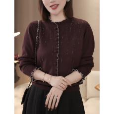 批发2026年春季栗色新款大码女装胖MM小众简约时尚百搭圆领长袖针织衫