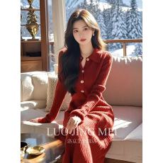 批发红色翻领针织连衣裙<b class='q'>冬</b>天配大衣的加厚气质梨型身材红茶风内搭长裙