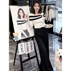 批发白色条纹针织内搭打底衫女秋冬设计感可外穿撞色拼接修身<b class='q'>气质</b>上衣