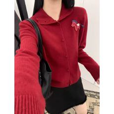 批发BADX正品冬季小马卡通刺绣<b class='q'>圆领</b>单排扣宽松百搭<b class='q'>针织</b><b class='q'>开衫</b>女毛衣外套