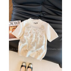 批发法式小香风圆领刺绣<b class='q'>针织衫</b>短袖T恤2026春夏新款别致百搭时尚上衣