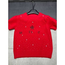 批发红色重工烫钻五角星短袖针织毛衣女冬季新款圣诞风时髦显瘦上衣潮