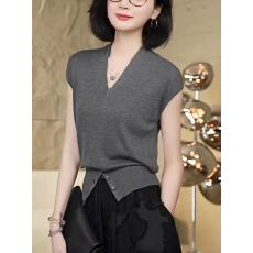 批发高级感灰色V领薄款<b class='q'>针织衫</b>针织短袖<b class='q'>女</b>2026新款夏季设计感开叉上衣
