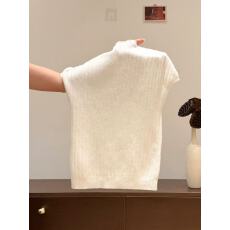 批发法式白色半高领短袖针织衫女2026春季设计感竖坑条修身显瘦打底衫