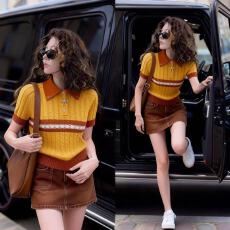 批发时尚POLO领设计橘色针织衫女2026夏季新款休闲修身短袖上衣