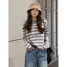 批发撞色圆领条纹针织<b class='q'>长袖</b>t恤<b class='q'>女</b>2026春夏季新款时尚宽松休闲百搭上衣