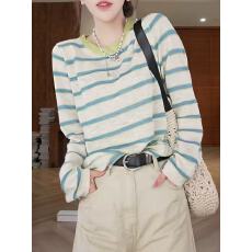 批发撞色圆领条纹针织<b class='q'>长袖</b>t恤<b class='q'>女</b>2026春夏季新款时尚宽松休闲百搭上衣