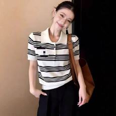 批发复古风条纹POLO领短袖<b class='q'>针织衫</b>女夏季新款宽松显瘦百搭休闲软糯上衣