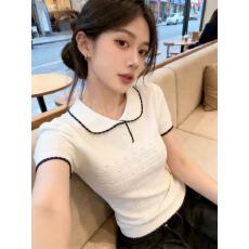 批发小香风娃娃领条纹短袖<b class='q'>针织衫</b>女薄款春夏2026超火减龄洋气T恤上衣
