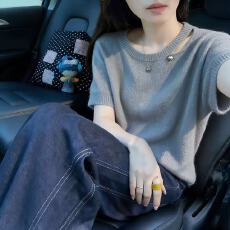 批发灰色镂空圆领短袖针织t恤女2026新款夏季独特别致超好看<b class='q'>短款</b>上衣