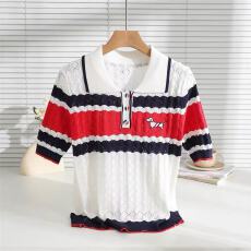 批发撞色翻领小狗刺绣<b class='q'>针织衫</b>镂空显瘦上衣2026春夏新款针织短袖女