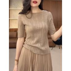 批发驼色一字肩短袖针织衫女夏季五分袖t恤2026新款韩系气质显瘦上衣