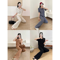 批发短袖针织套装女2025夏季麻花刺绣翻领上衣抽绳<b class='q'>高腰</b>直筒裤两件套